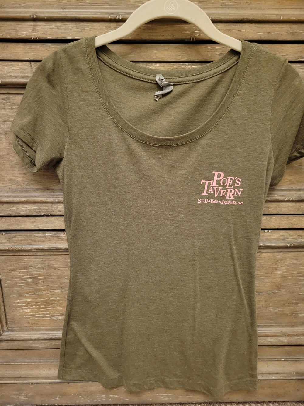 Next Level Apparel Olive Green Scoop Neck Tee with Pink Logo